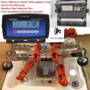 Livestock scale kit components with load cells, stainless-steel squeeze chute scale parts, heavy-duty industrial-grade cables and junction box