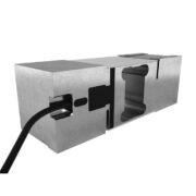Precision-machined silver Flintec PC60 load cell shows a cutaway body, black cable entry, and internal sensing structure against a white background.